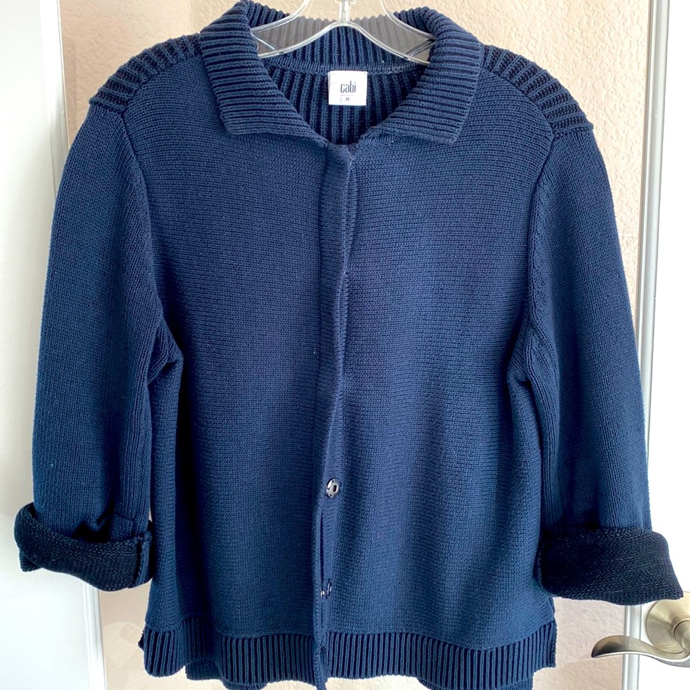 HOT! Cabi Navy 3/4 sleeve button down cardigan sweater. Style #3523. Size M